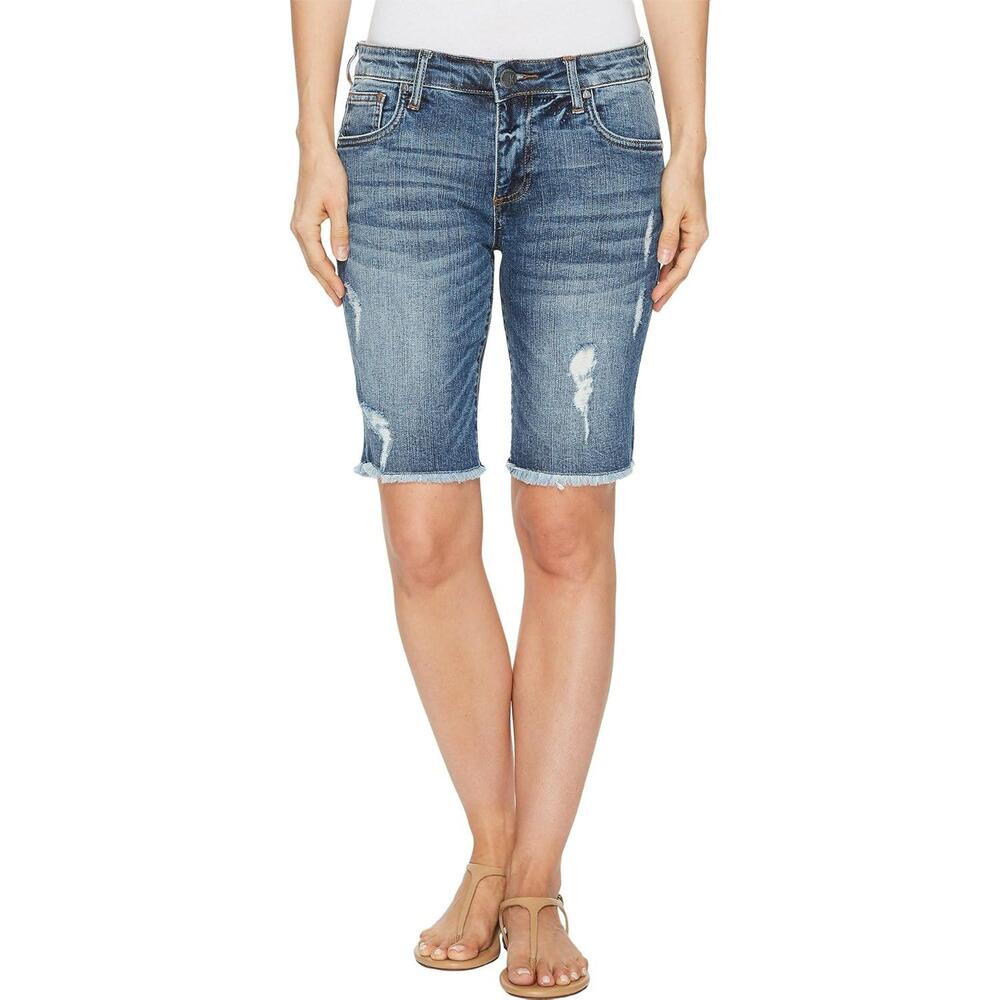 KUT From The Kloth Women Blue Rolled Hem Distressed Sophie Bermuda Shorts Size 2